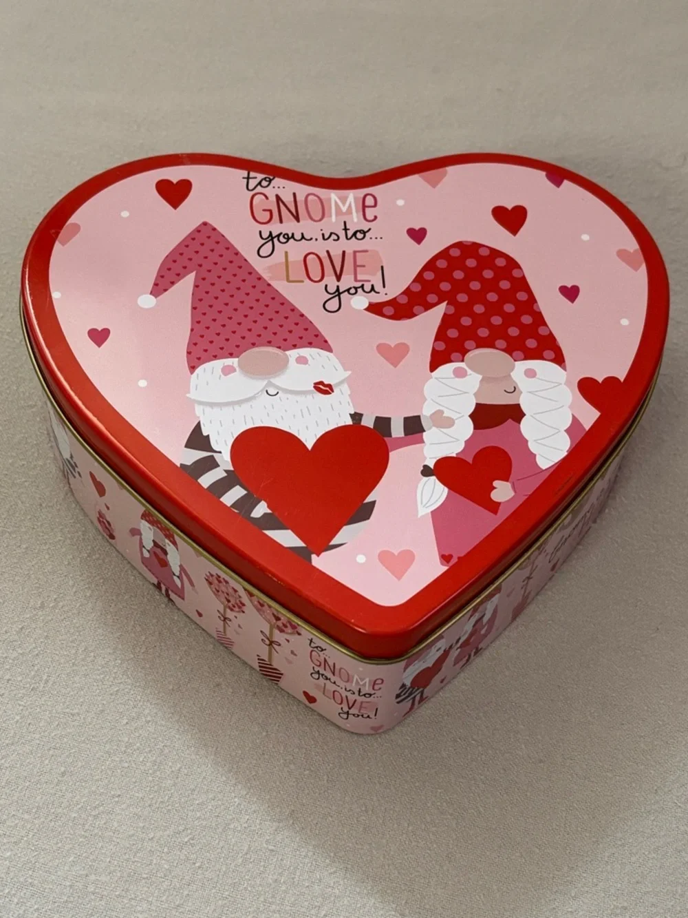Heart-Shaped Gnome Storage Tin in Pink & Red 